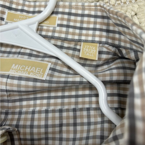 Michael Kors Men's Plaid Shirt Dress shirt- Tan and Blue Tall 17.5 /38 /39 - Picture 3 of 7